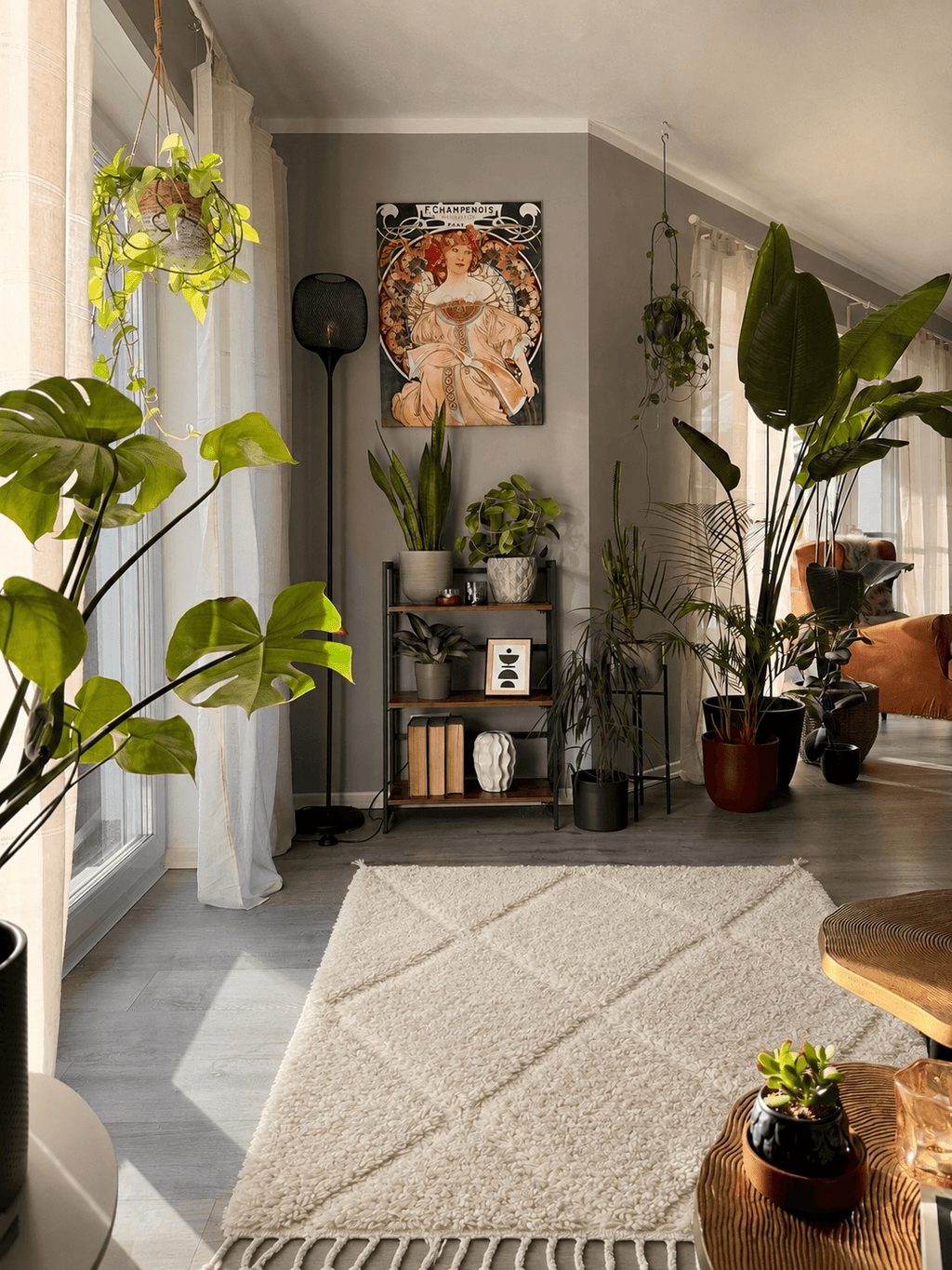 White handmade wool Berber rug in a cozy living room with indoor plants and wall art.