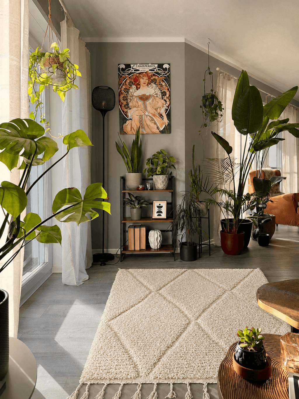 Cream white handmade Moroccan Berber wool rug in a modern living room with houseplants