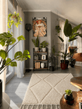 Cream white handmade Moroccan Berber wool rug in a modern living room with houseplants