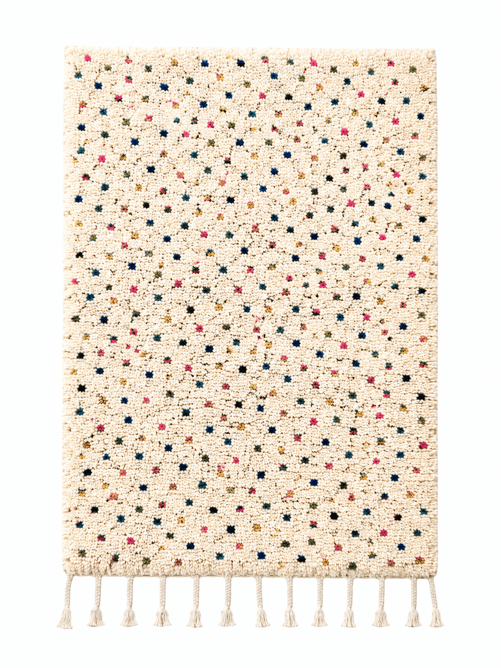 Handmade Moroccan Berber wool rug in cream with colorful speckled accents and tassels