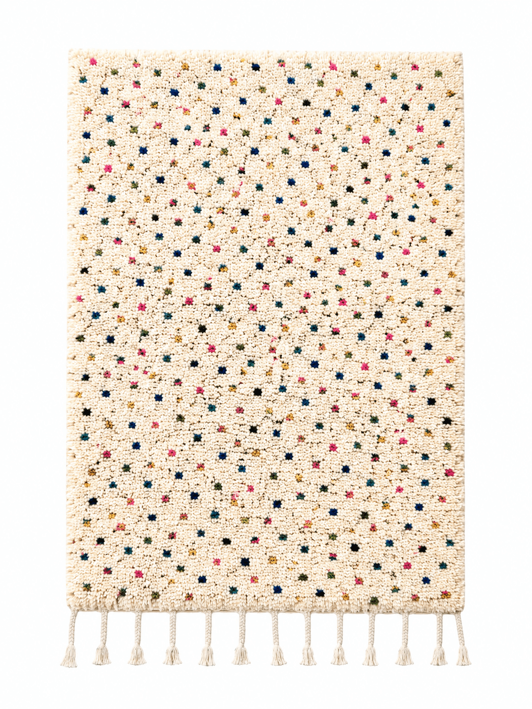 Handmade Moroccan Berber wool rug in cream with colorful speckled accents and tassels