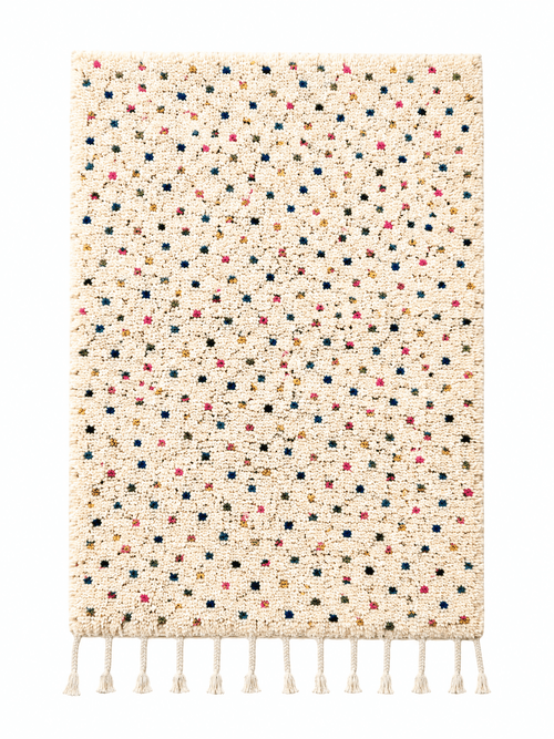 Handmade Moroccan Berber wool rug in cream with colorful speckled accents and tassels