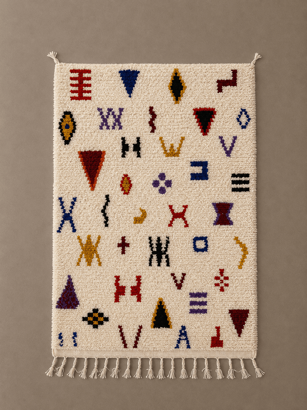 Azilal Contemporain  — Tapis Berbère marocain Handmade Moroccan Berber wool rug with colorful abstract geometric symbols on cream background