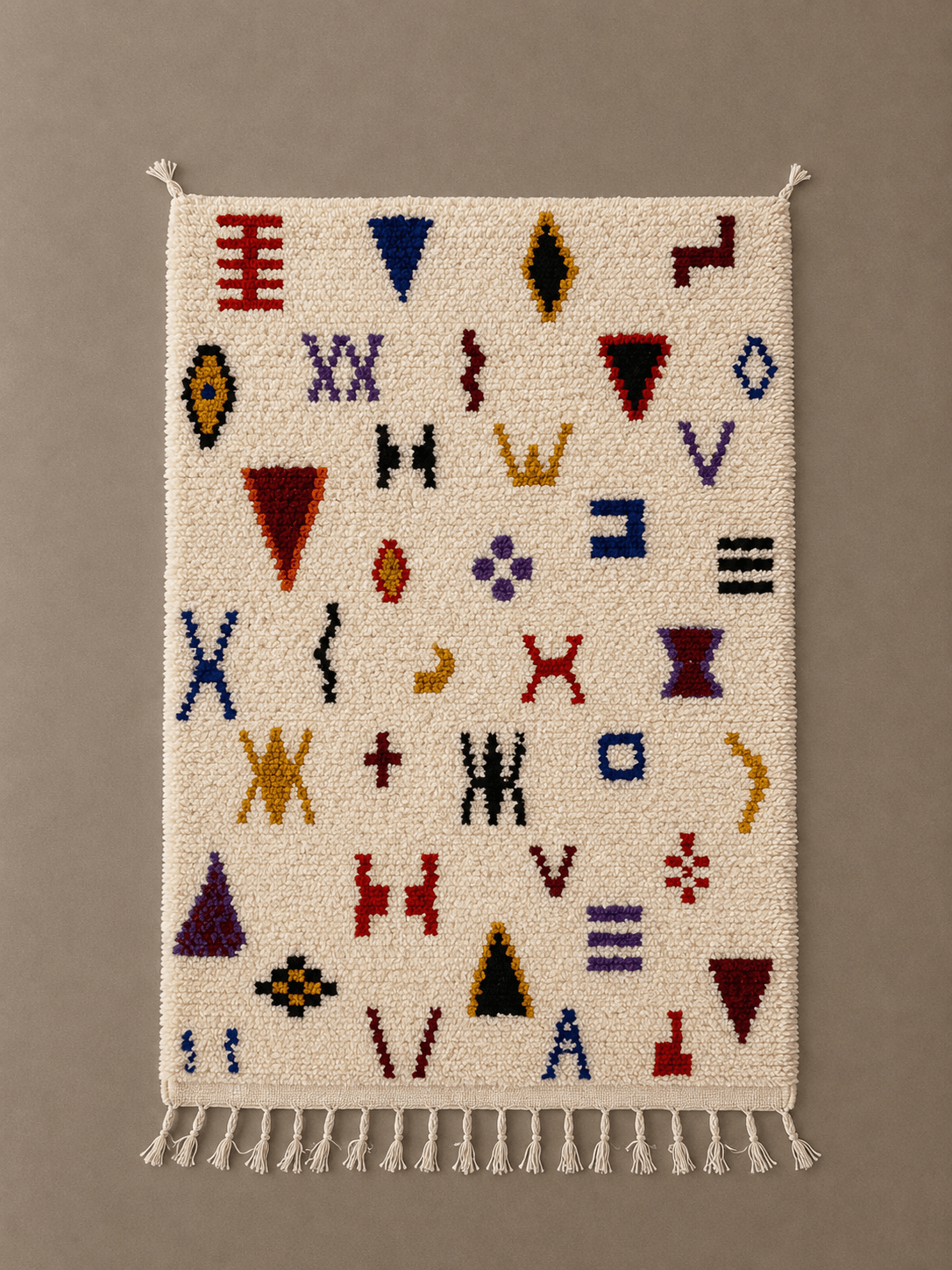 Azilal Contemporain  — Tapis Berbère marocain Handmade Moroccan Berber wool rug with colorful abstract geometric symbols on cream background