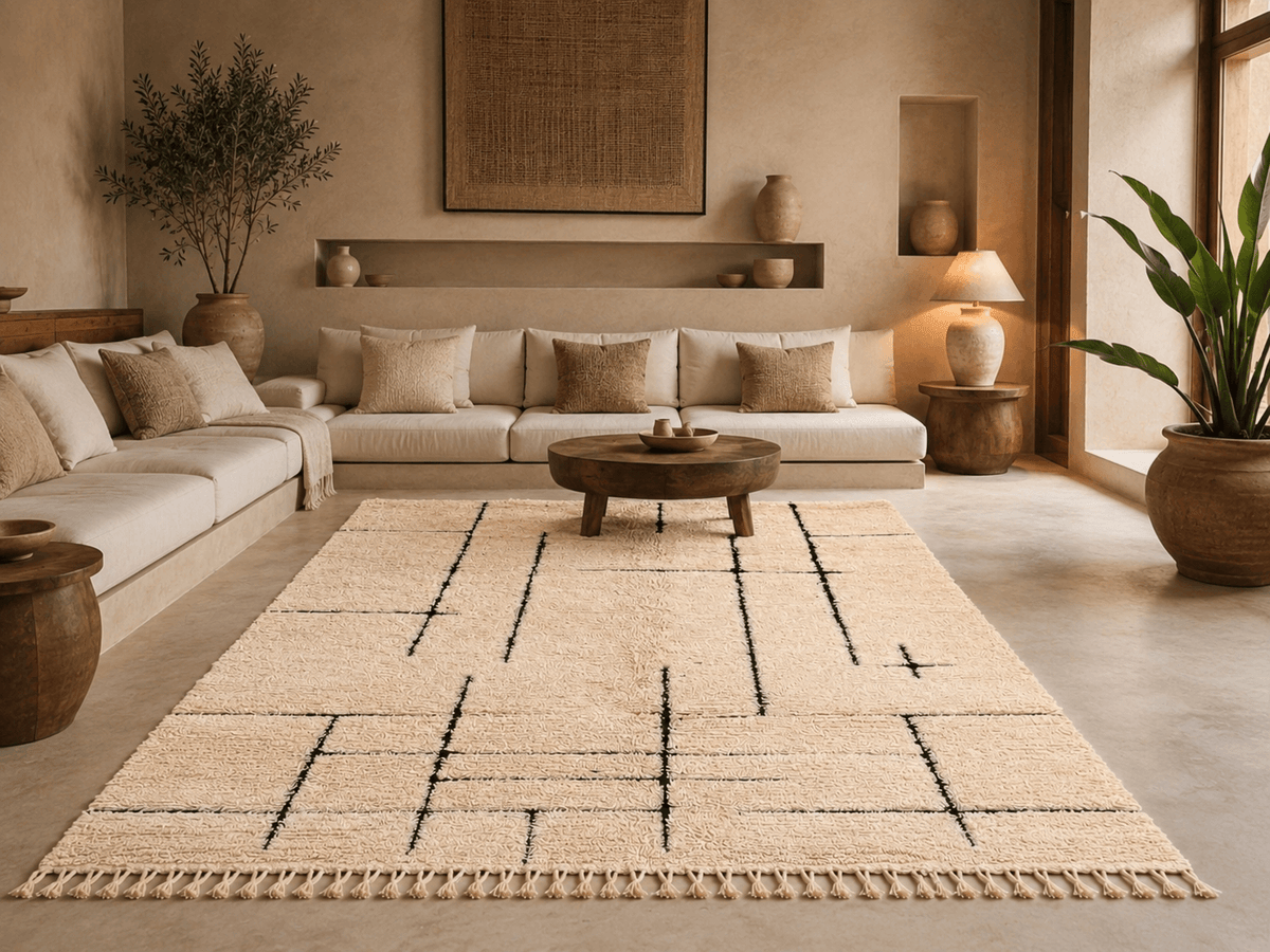 Handmade Moroccan Berber wool rug with black geometric lines in a neutral modern living room.