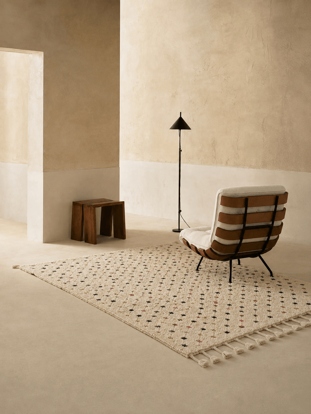 Handmade Moroccan Berber wool rug with colorful geometric patterns in a minimalist room