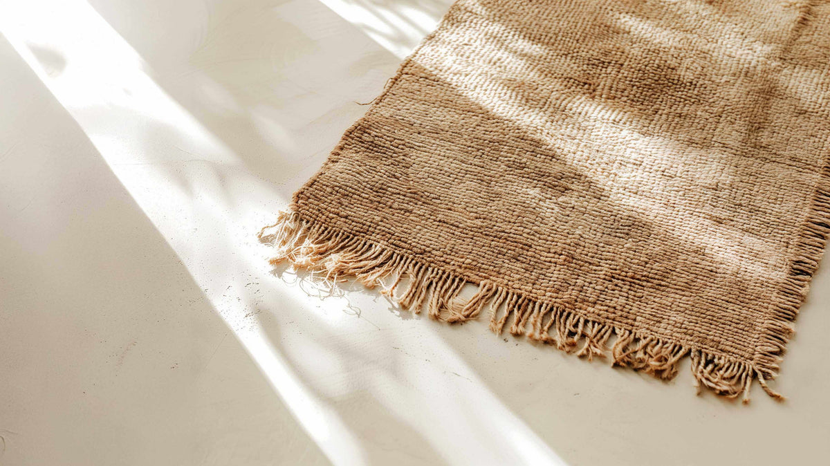 Close-up of a handmade natural wool Moroccan Berber rug with fringes on a white floor.